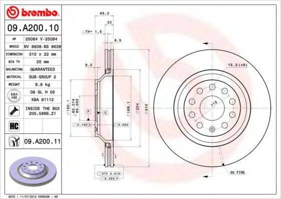 BREMBO 09A20010 гальмівний диск